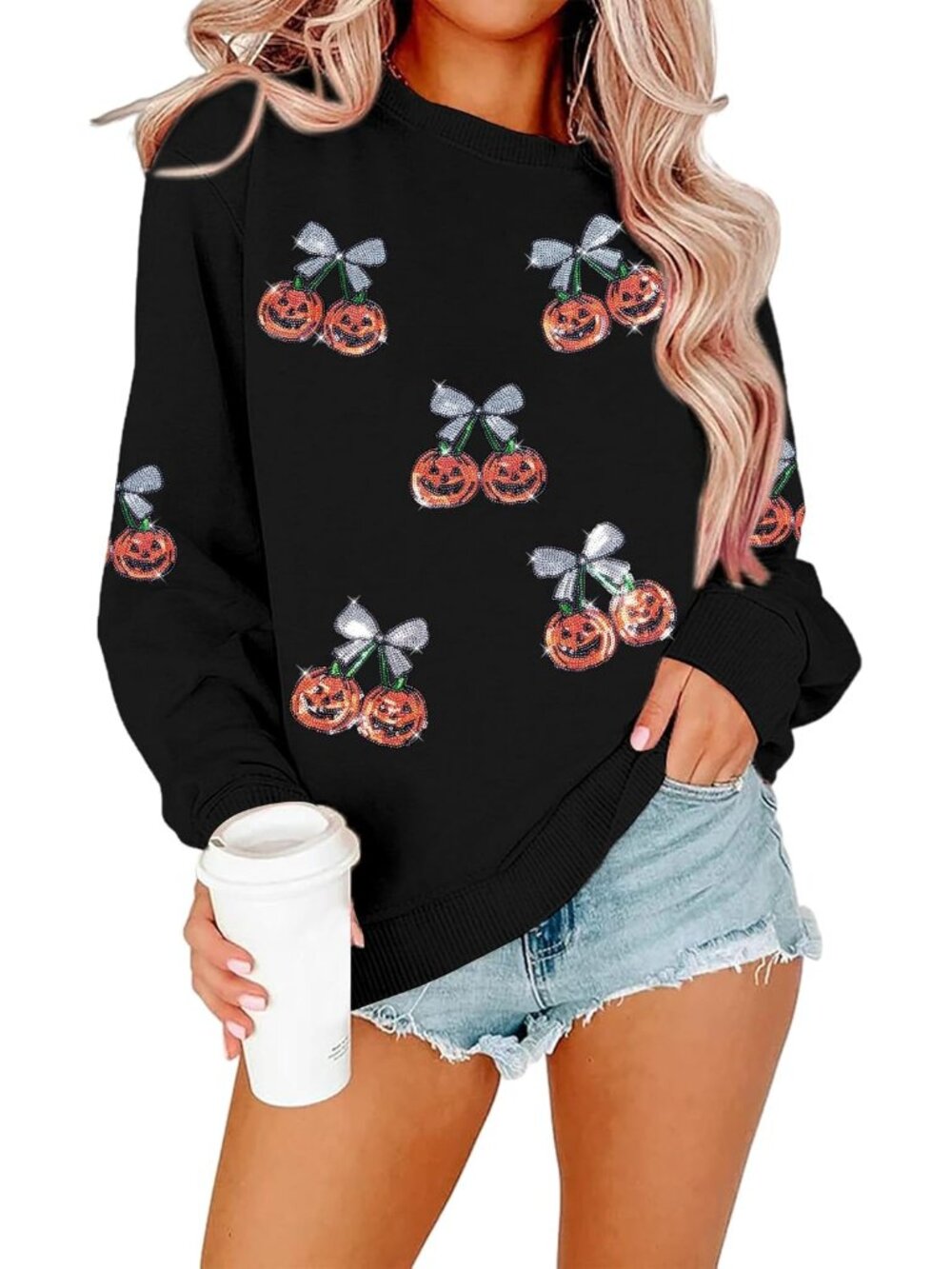 🆕 Women's Black Red Crewneck Halloween Sequin Ghost Pumpkin Bat Top Sweatshirt